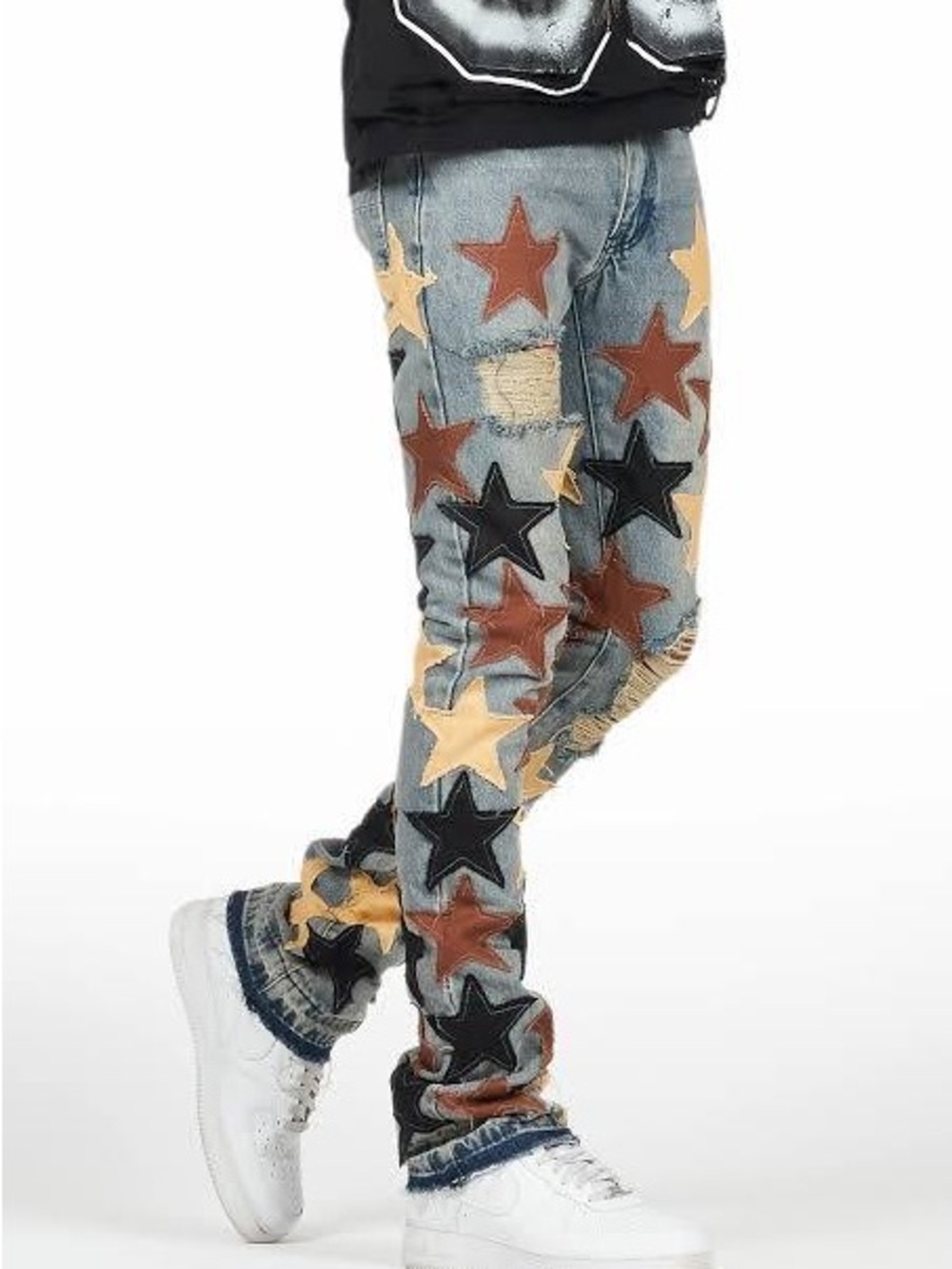 Skinny Light Blue Jeans with Brown, Black & Cream Star Appliqués